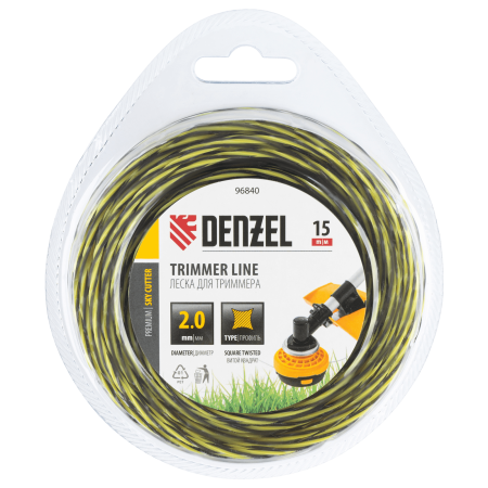 Леска для триммера DENZEL двухкомпонентная витая квадратная, 2,0мм х 15м, блистер SkyCutter