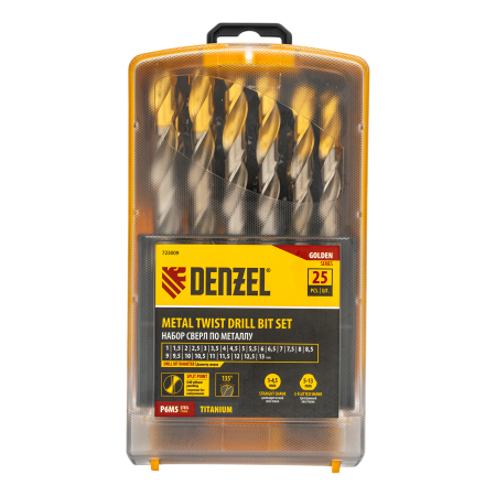 Набор сверл по металлу DENZEL, 1-13 мм, Р6М5-TiN, Golden Tip, 25 шт