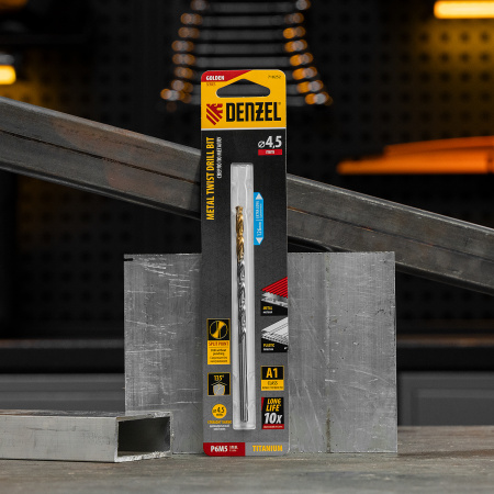 Сверло спиральное по металлу DENZEL 4,5 х 126 мм, Р6М5, Golden Tip, удлиненное