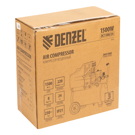 Компрессор воздушный DENZEL DC1500/24, 1.5 кВт, прямой привод, 24 литра, 220 л/мин