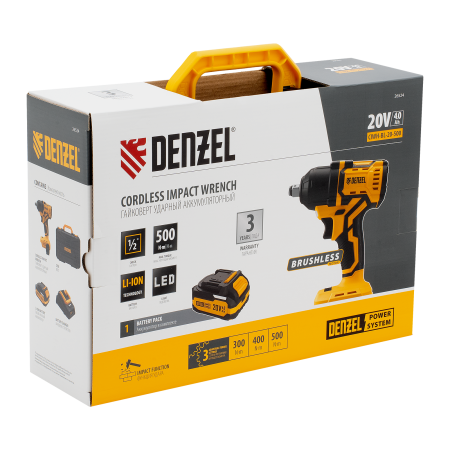 Гайковерт ударный аккумуляторный бесщет. DENZEL CIWH-BL-20-500, Li-Ion, 20 В
