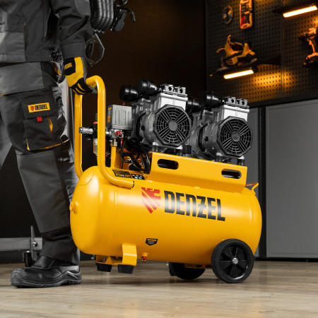 Компрессор безмасляный, малошумный DENZEL DLS 2200/50, 2200 Вт, 2x1100, 50 л, 380 л/мин