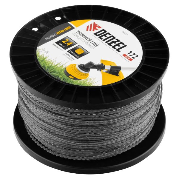 Леска для триммера DENZEL двухкомпонентная зубчатый квадрат, 2,4мм х 172м, на DIN кат. EXTRA CORD