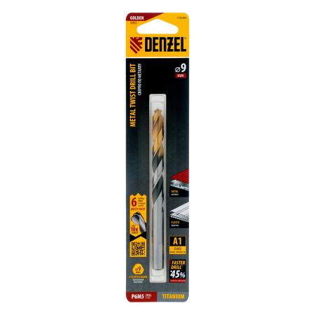 Сверло спиральное по металлу DENZEL 9 x 125 мм, Р6М5, Golden Tip, многогранная заточка