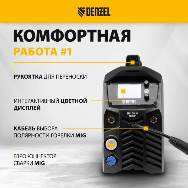 Аппарат инвертор. полуавтомат. сварки DENZEL MultiMIG-200DP Synergy Double Pulse, 200 А, ПВ 80%