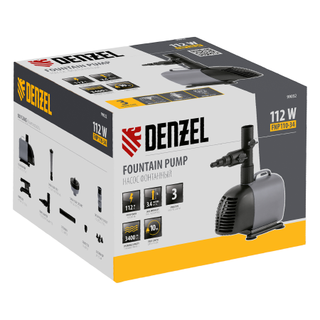 Насос фонтанный DENZEL FNP110-34, 112 Вт, подъем 3,4 м, 3400 л/ч, колокольчик/каскад/гейзер