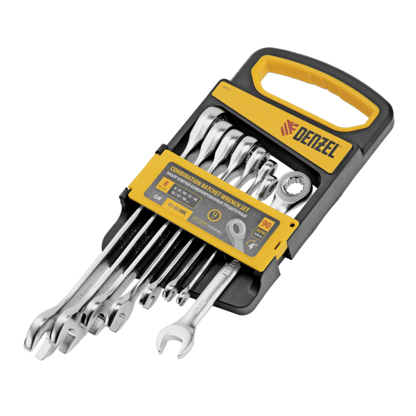 Набор ключей комбинированных трещоточных DENZEL 6-19 мм, 8 шт., CrV, матовый хром