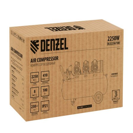 Компрессор безмасляный, малошумный DENZEL DLS 2250/100, 2250 Вт, 3x750, 100 л, 410 л/мин блок управления/ Denzel Компрессор безмасляный, малошумный DENZEL DLS 2250/100, 2250 Вт, 3x750, 100 л, 410 л/мин блок управления/ Denzel