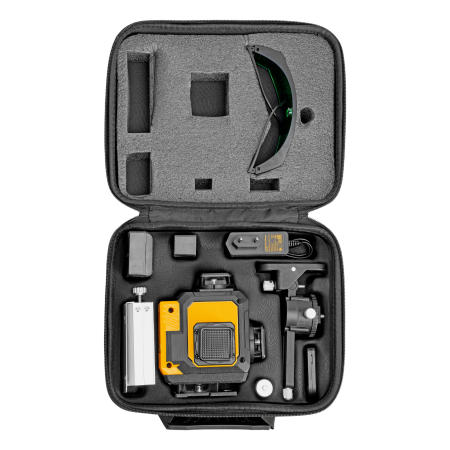 Лазерный уровень мультипризменный DENZEL DLV 360-4T, 30 м, зеленый луч, Li-Ion 2,4 Aч, штатив