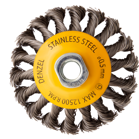 Щетка для УШМ DENZEL 746093, 100 мм, «тарелка», крученая нержавеющая проволока 0.5 мм, М14
