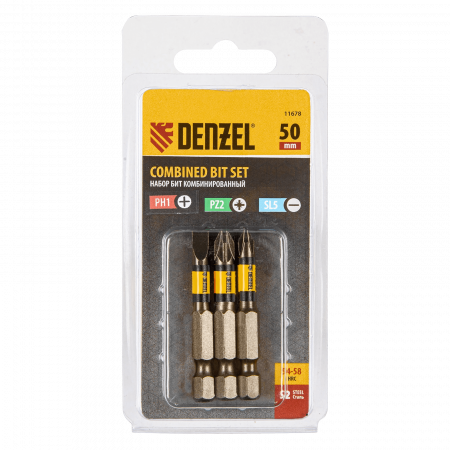 Набор бит комбинированный DENZEL 3 шт., PH2, PZ2, SL5, 50 мм, сталь S2
