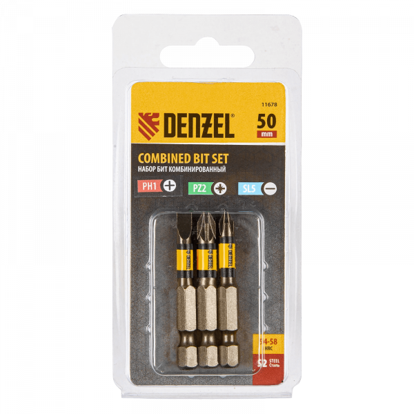 Набор бит комбинированный DENZEL 3 шт., PH2, PZ2, SL5, 50 мм, сталь S2