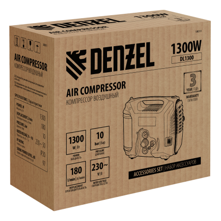 Компрессор воздушный DENZEL DL1300, 10 бар, 1,3 кВт 180 л/мин 5 л, с набором аксессуаров
