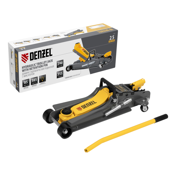 Домкрат гидравлический подкатной с фиксатором DENZEL 2,5 т, 85-385 мм