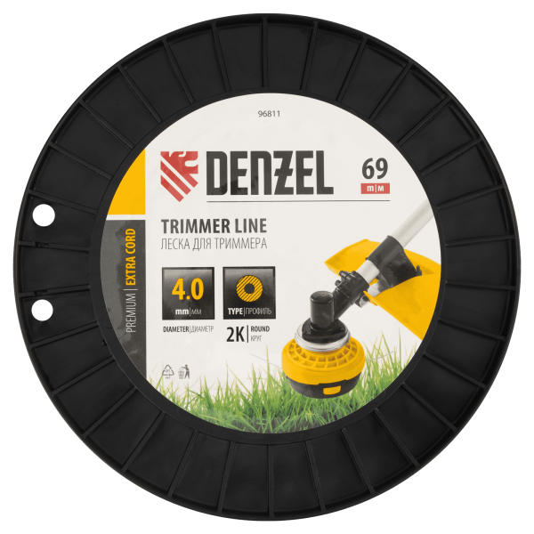 Леска для триммера DENZEL двухкомпонентная круглая, 4,0мм х 69м, на DIN катушке EXTRA CORD