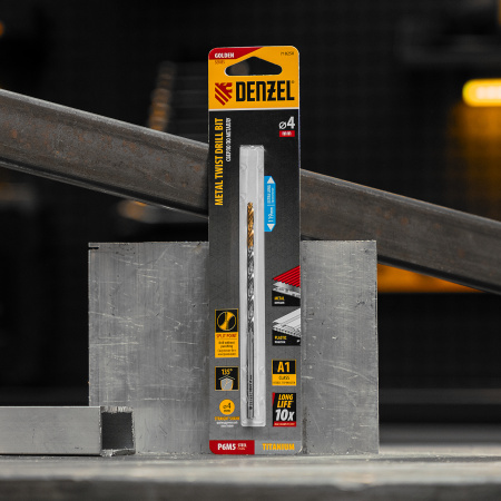 Сверло спиральное по металлу DENZEL 4 х 119 мм, Р6М5, Golden Tip, удлиненное