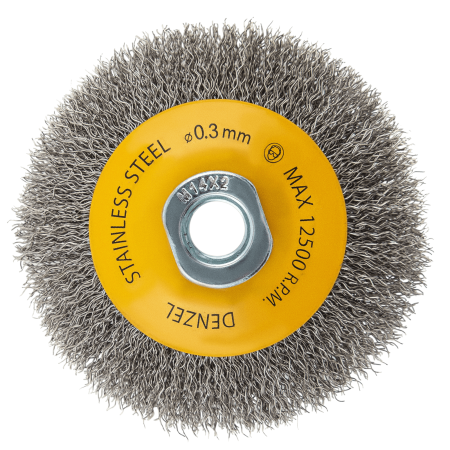 Щетка для УШМ DENZEL 746083, 100 мм, «тарелка», витая нержавеющая проволока 0.3 мм, М14