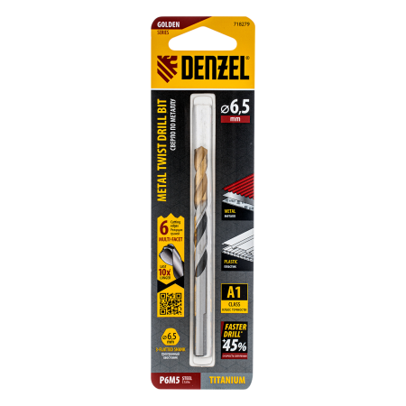 Сверло спиральное по металлу DENZEL 6,5 x 93 мм, Р6М5, Golden Tip, многогранная заточка