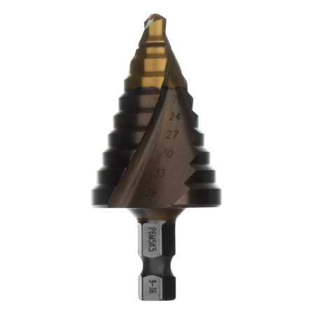 Сверло ступенчатое DENZEL, 9-12-15-18-21-24-27-30-33-36 мм, Р6М5К5, 6-гр. хвостовик