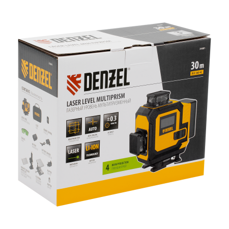 Лазерный уровень мультипризменный DENZEL DLV-360-4C, 30 м, зеленый луч, Li-Ion 2,4 Aч, кейс