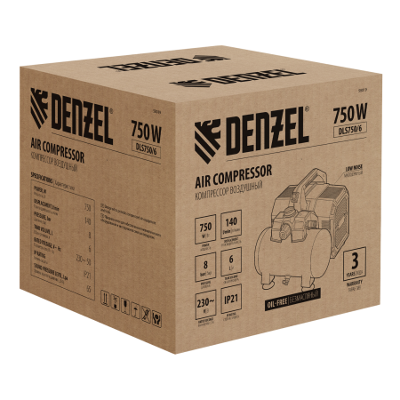 Компрессор DENZEL DLS750/6 безмасляный малошумный 750 Вт, 140 л/мин,ресивер 6 л
