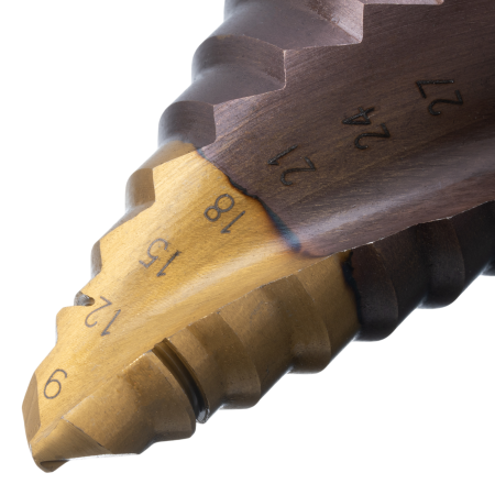 Сверло ступенчатое DENZEL, 9-12-15-18-21-24-27-30-33-36 мм, Р6М5К5, 6-гр. хвостовик