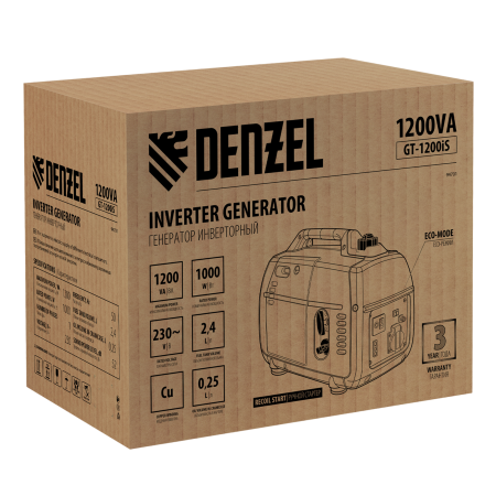 Инверторный генератор DENZEL GT-1200iS, 1.2 кВт, 230 В, бак 2.4 л, ручной старт