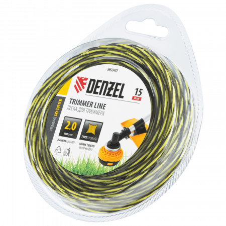 Леска для триммера DENZEL двухкомпонентная витая квадратная, 2,0мм х 15м, блистер SkyCutter