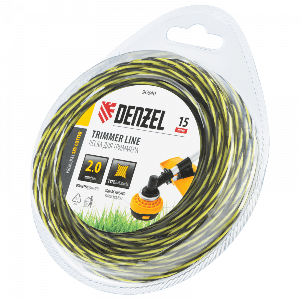 Леска для триммера DENZEL двухкомпонентная витая квадратная, 2,0мм х 15м, блистер SkyCutter