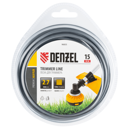Леска для триммера DENZEL армированная алюминием квадратная, 2,7мм х 15м, блистер ALUFLEX