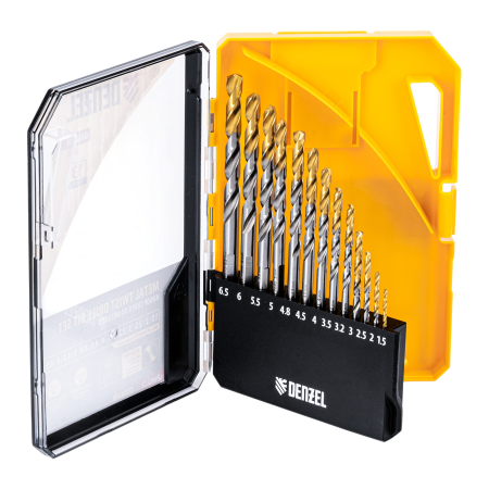 Набор сверл по металлу DENZEL, 1,5-6,5мм, Р6М5-TiN, Golden Tip, 13 шт