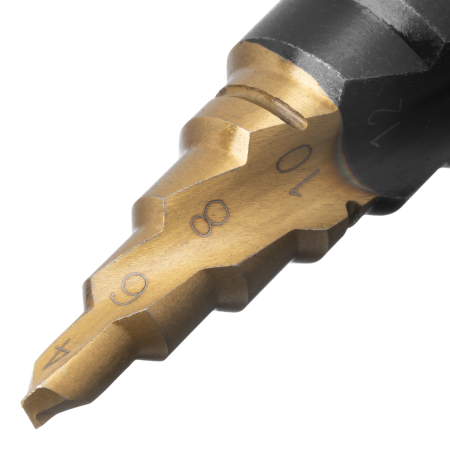 Сверло ступенчатое DENZEL 4-6-8-10-12-14-16-18-20 мм, Р6М5, 6-гр. хвостовик