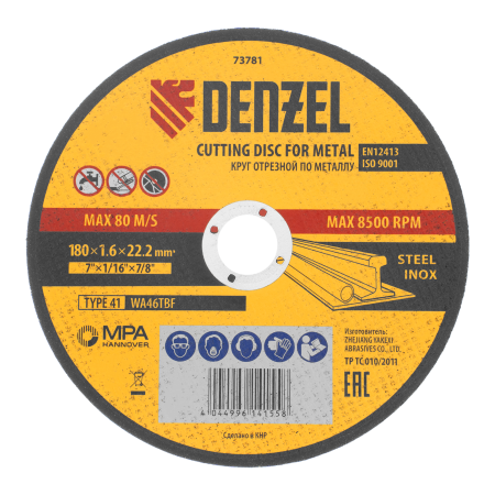 Круг отрезной по металлу DENZEL, 180 х 1,6 х 22,2 мм, WA46TBF