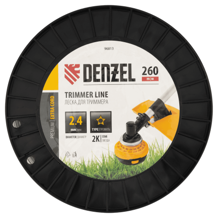 Леска для триммера DENZEL двухкомпонентная звезда, 2,4мм х 260м, на DIN катушке EXTRA CORD