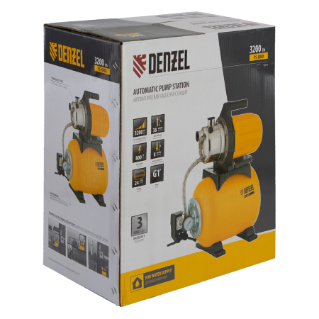 Насосная станция DENZEL PS800X, 800 Вт, 3200 л/ч, ресивер 24 л, высота подъема 38 м