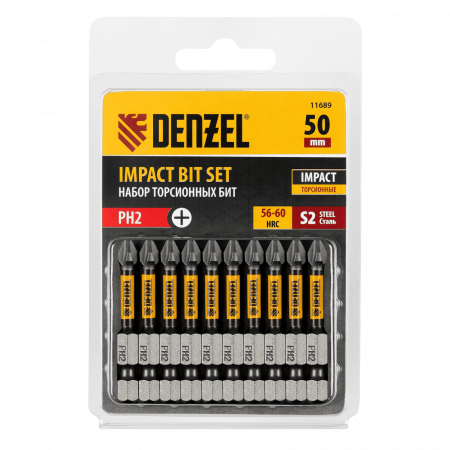 Бита DENZEL IMPACT, PH2x50 мм, лазерная обработка шлица, сталь S2, 10 шт., Е 6,3