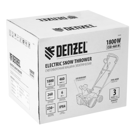 Снегоуборщик электрический DENZEL ESB-460-M, 1.8 кВт, металлический шнек, LED фара