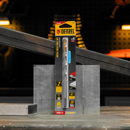 Сверло спиральное по металлу DENZEL 8 х 165 мм, Р6М5, Golden Tip, удлиненное