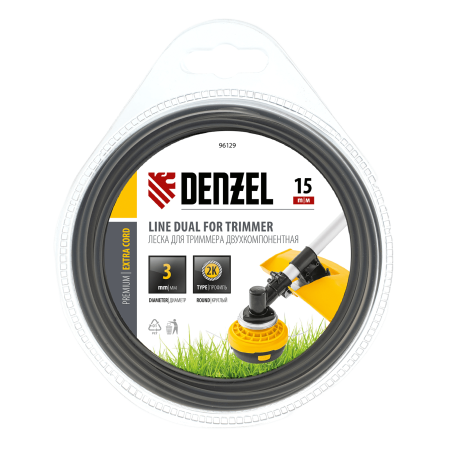 Леска для триммера DENZEL Extra cord 96129, 3 мм x 15 м, круглая, двухкомпонентная