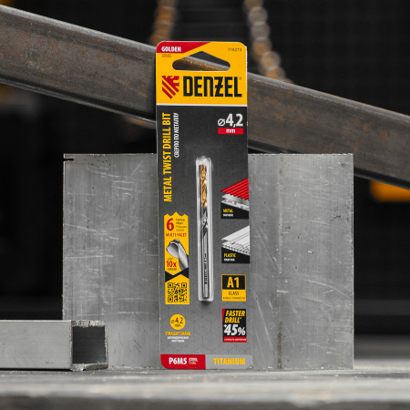 Сверло спиральное по металлу DENZEL 4,2 x 75 мм, Р6М5, Golden Tip, многогранная заточка