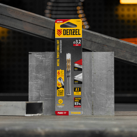 Сверло спиральное по металлу DENZEL 3,2 x 65 мм, Р6М5, Golden Tip, многогранная заточка, 2шт.