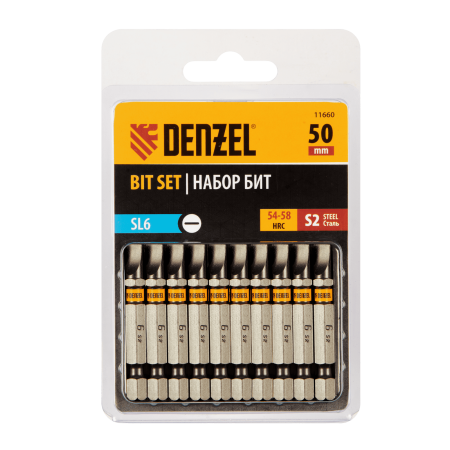 Бита DENZEL SL6,0х50, сталь S2, шестигранный профиль, 10 шт. Е 6,3 Бита DENZEL SL6,0х50, сталь S2, шестигранный профиль, 10 шт. Е 6,3