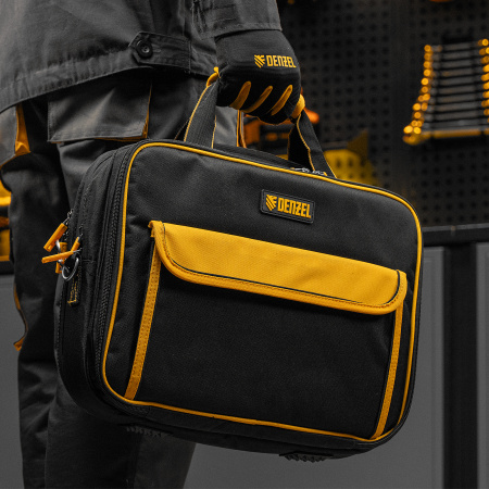 Сумка для инструмента DENZEL 400х170х300 мм, 3 отделения, 28 карманов, наплечный ремень