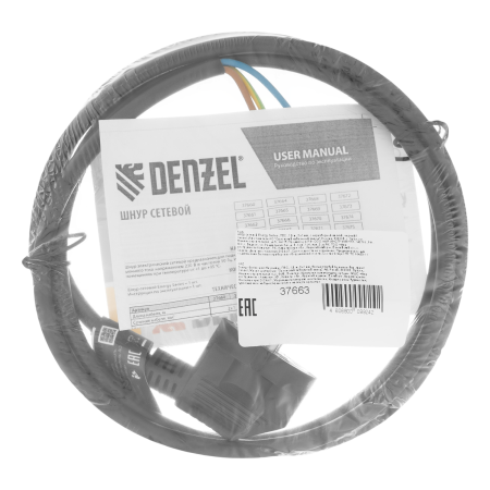Шнур сетевой Energy Series DENZEL, ПВС, 1,5 м, 3 x 1 мм, с неразборной вилкой, черный