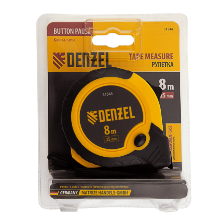 Рулетка DENZEL 8м х 25мм, двухкомп. корпус, кнопка-пауза