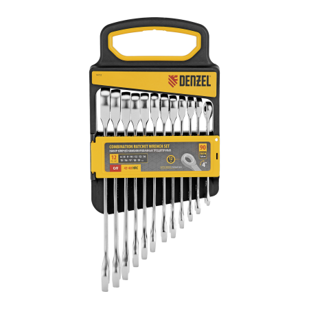 Набор ключей комбинированных трещоточных DENZEL 6-19 мм, 12 шт., CrV, матовый хром