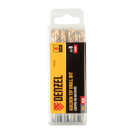 Сверло по металлу DENZEL 8 мм, HSS-Tin, Golden Tip, 8 шт.