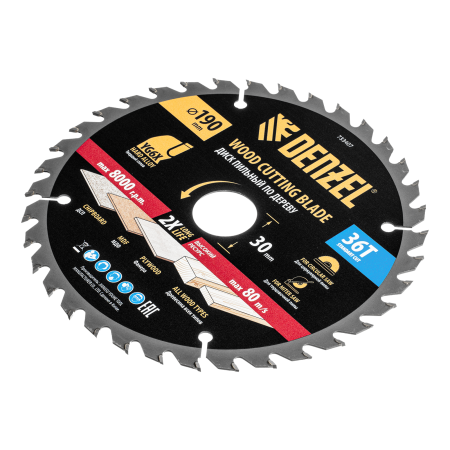 Пильный диск по дереву DENZEL ф190 х 30 мм, 36 зубьев