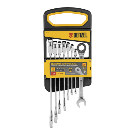 Набор ключей комбинированных трещоточных DENZEL 6-19 мм, 8 шт., CrV, матовый хром