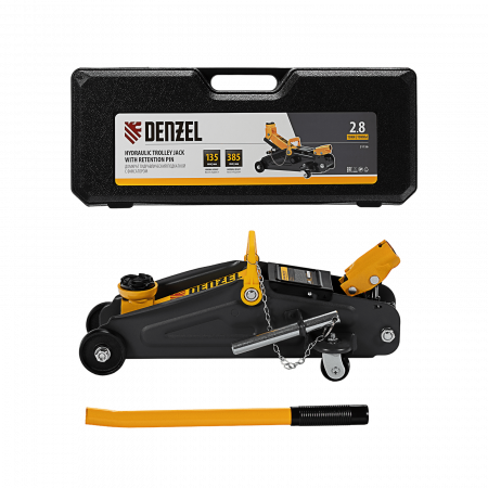 Домкрат гидравлический DENZEL подкатной с фиксатором, 2,8 т, 135-385 мм, в кейсе